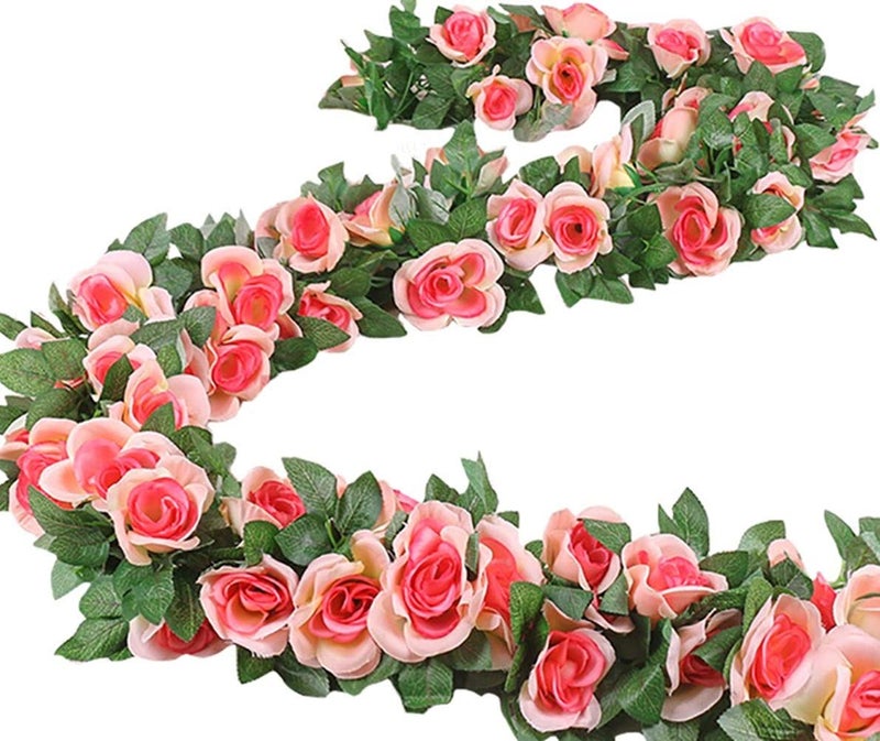 ZWYOQI 16 FT Fake Rose Vine Garland Artificial Flowers Plants Hanging Rose Ivy Home Hotel Office Wedding Party Garden DÃ©cor (Pink/2PCS) - Image 1